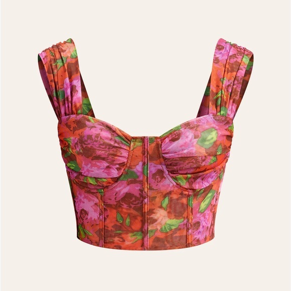Commense Tops - Floral Mesh Corset Pink & Red Crop Top (Similar to Blogger Fav from Zara)